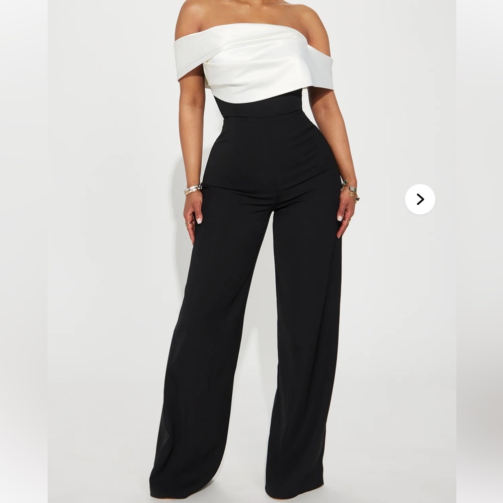 Fashion Nova Black and White Off-Shoulder Jumpsuit